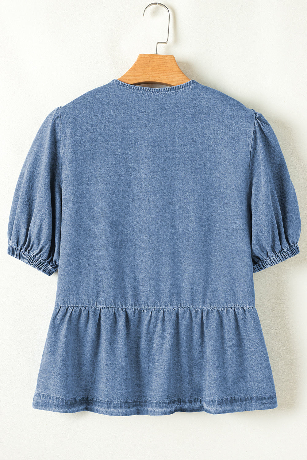 Dusk Blue Tied Front Bubble Sleeve Peplum Denim Shirt Blouses & Shirts JT's Designer Fashion