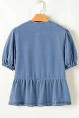 Dusk Blue Tied Front Bubble Sleeve Peplum Denim Shirt Blouses & Shirts JT's Designer Fashion