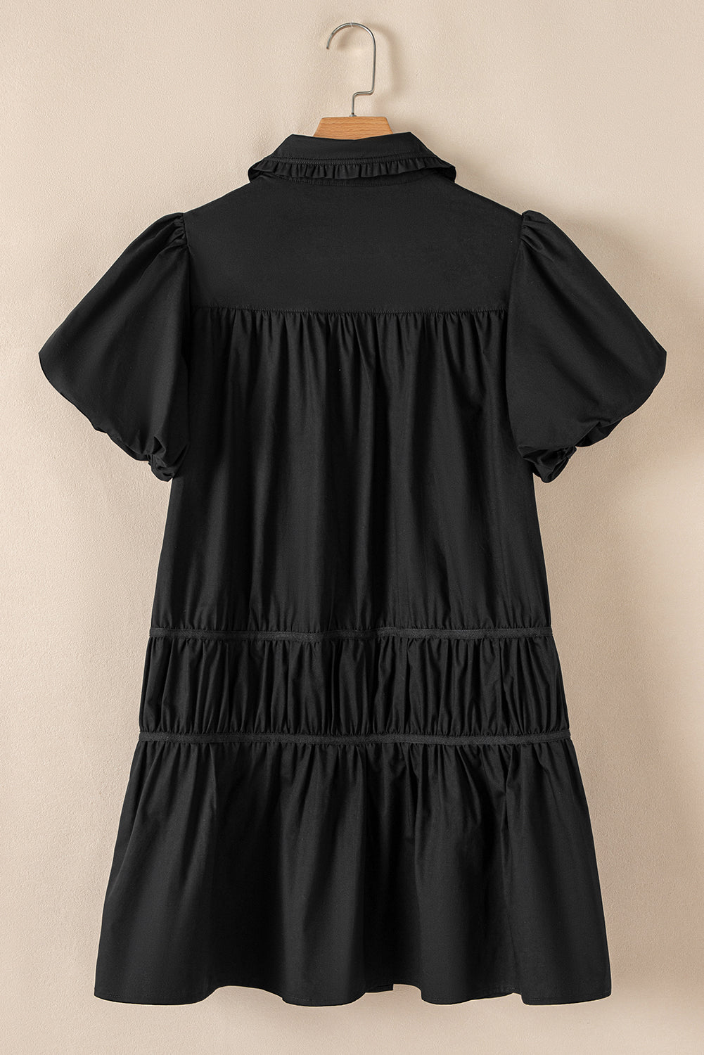 Black Shirt Style Button Down Puff Sleeve Ruffle Hem Dress Mini Dresses JT's Designer Fashion