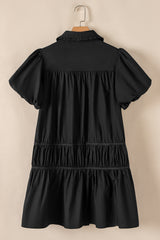 Black Shirt Style Button Down Puff Sleeve Ruffle Hem Dress Mini Dresses JT's Designer Fashion