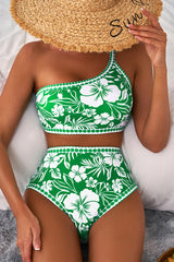 Green Floral Print One Shoulder High Waist Bikini Set Bikinis JT's Designer Fashion