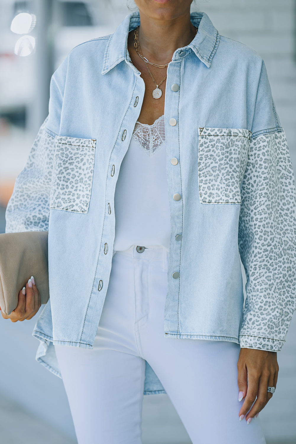 Sky Blue Contrast Leopard Denim Jacket Denim Jackets JT's Designer Fashion