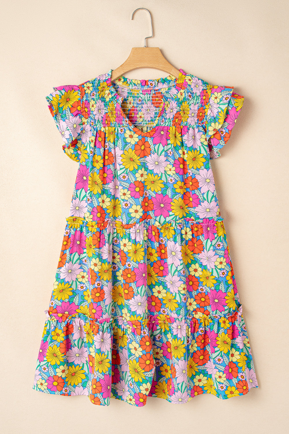 Sky Blue Floral Print Smocked Notch V Neck Flutter Sleeve Mini Dress Floral Dresses JT's Designer Fashion