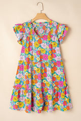Sky Blue Floral Print Smocked Notch V Neck Flutter Sleeve Mini Dress Floral Dresses JT's Designer Fashion