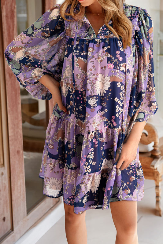 Purple Vintage Daisy Floral Puff Sleeve Ruffle Short Dress Purple 100%Polyester Floral Dresses JT's Designer Fashion