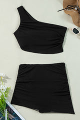 Black Pleated Mesh One Shoulder Bikini Top and Skirts Set Bikinis JT's Designer Fashion