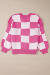Rose Checkered Bishop Sleeve Sweater Sweaters JT's Designer Fashion