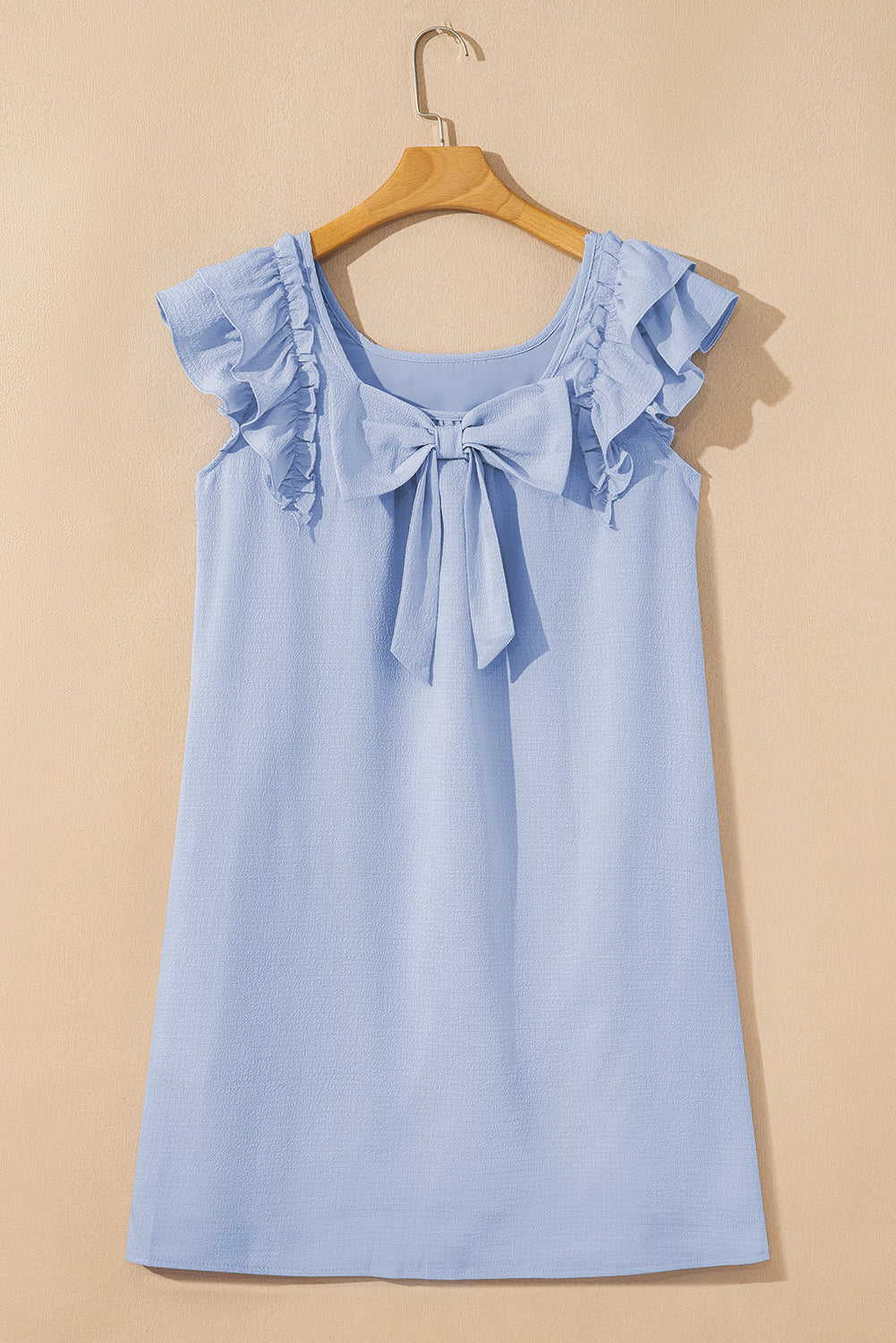 Beau Blue Textured Flutter Sleeve Square Neck Bow Back Mini Dress Mini Dresses JT's Designer Fashion