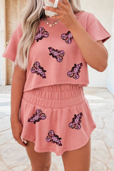 Blossom Sequined Lobster Patched Crop Tee and High Waist Short Set Blossom 75%Polyester+20%Cotton+5%Elastane Graphic Sets JT's Designer Fashion