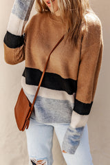 Brown Color Block Striped Ribbed Knit Sweater Sweaters JT's Designer Fashion