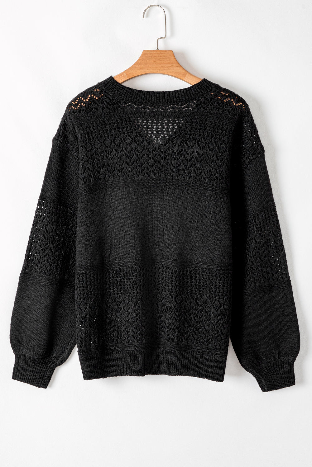 Black Eyelet Pattern Detail V Neck Drop Shoulder Sweater Sweaters JT's Designer Fashion
