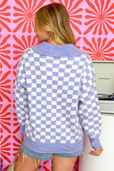 Purple Checkered Collared Buttons Plus Size Sweater Plus Size Sweaters & Cardigans JT's Designer Fashion