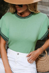 Mint Green Contrast Trim Round Neck Batwing Sleeve Knitted Top Sweaters & Cardigans JT's Designer Fashion