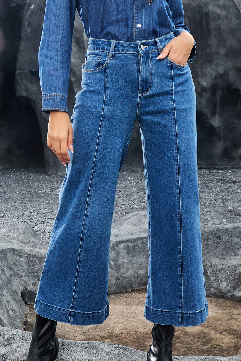 Dark Blue Plain Seam Detail Flared Bottom Ankle Length Jeans Dark Blue 71%Cotton+27.5%Polyester+1.5%Elastane Jeans JT's Designer Fashion