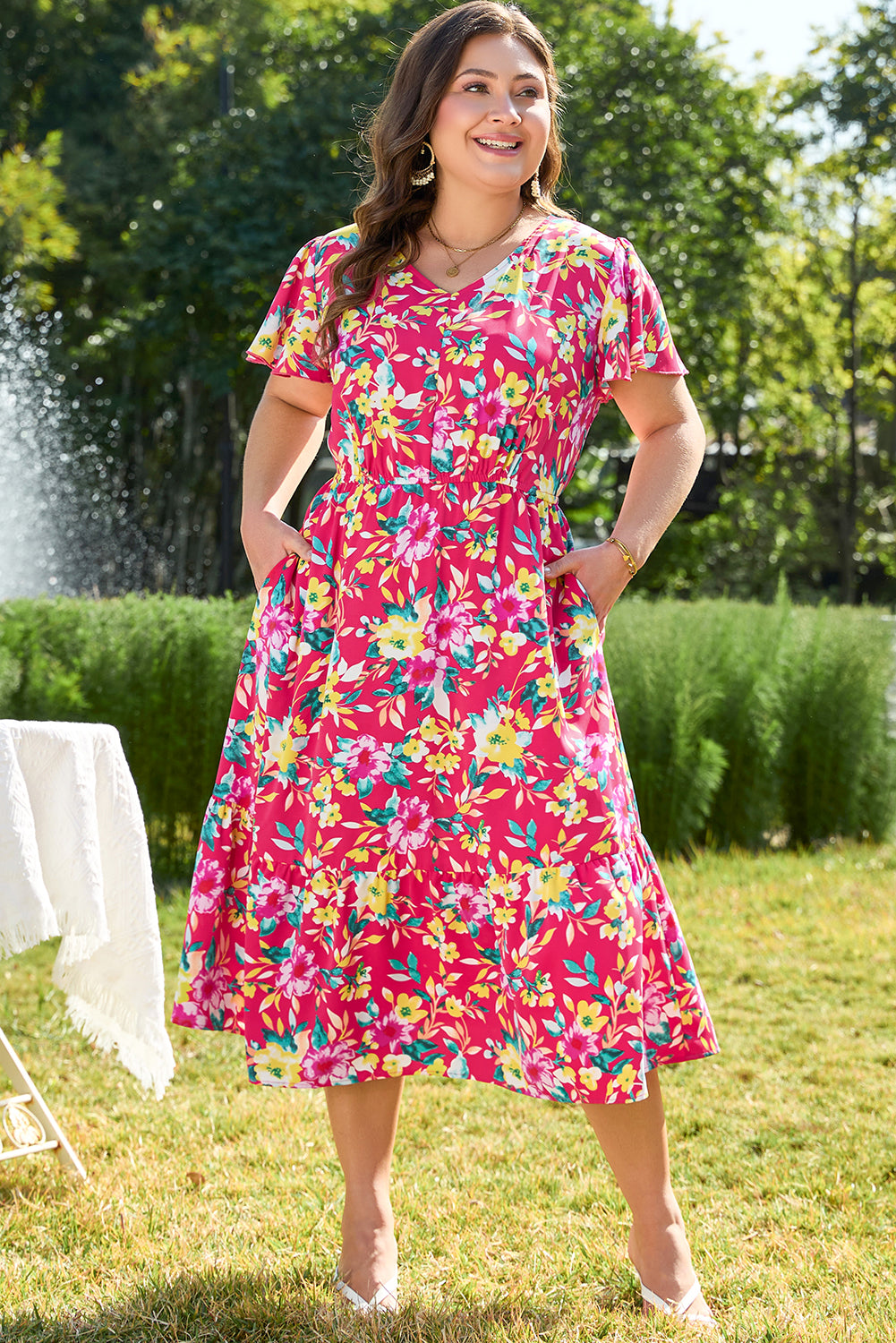 Pink Floral Print V Neck Pocketed High Waist Plus Size Midi Dress Plus Size Midi Dresses JT's Designer Fashion