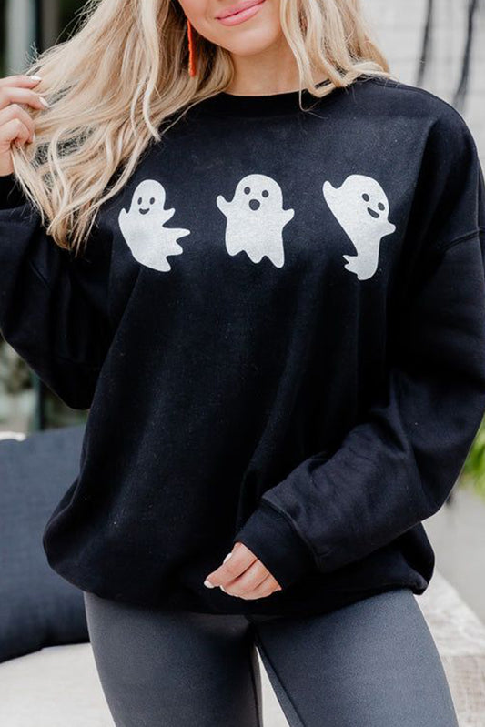 Black Halloween Ghosts Print Round Neck Sweatshirt Black 50%Polyester+50%Cotton Graphic Sweatshirts JT's Designer Fashion