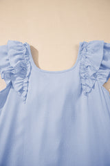 Beau Blue Textured Flutter Sleeve Square Neck Bow Back Mini Dress Mini Dresses JT's Designer Fashion
