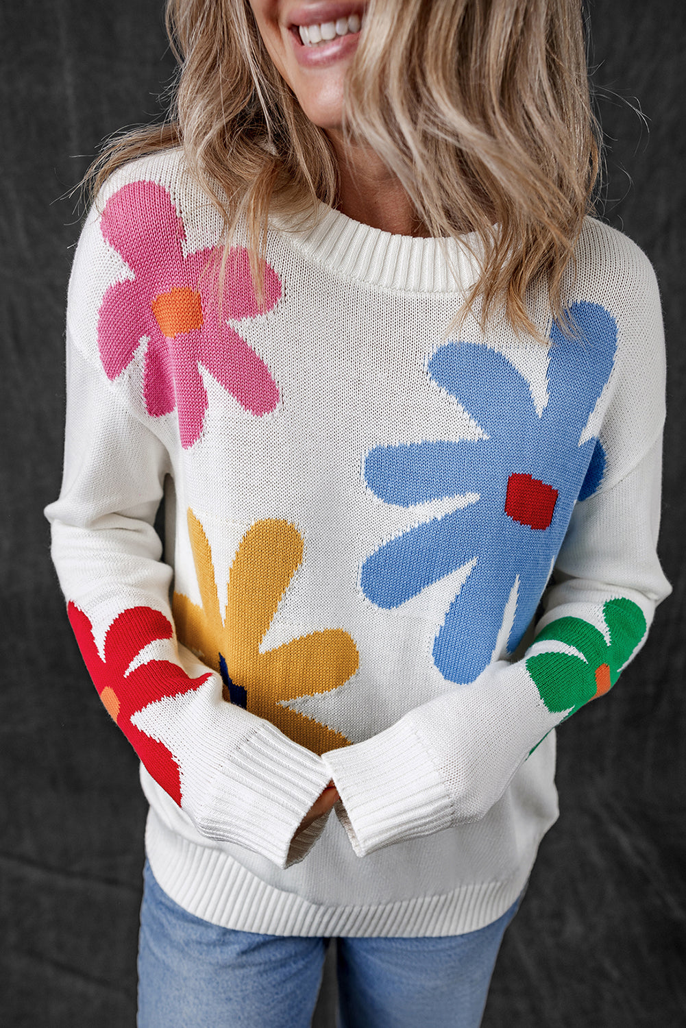 White Colorful Big Flower Pattern Crewneck Sweater Sweaters JT's Designer Fashion