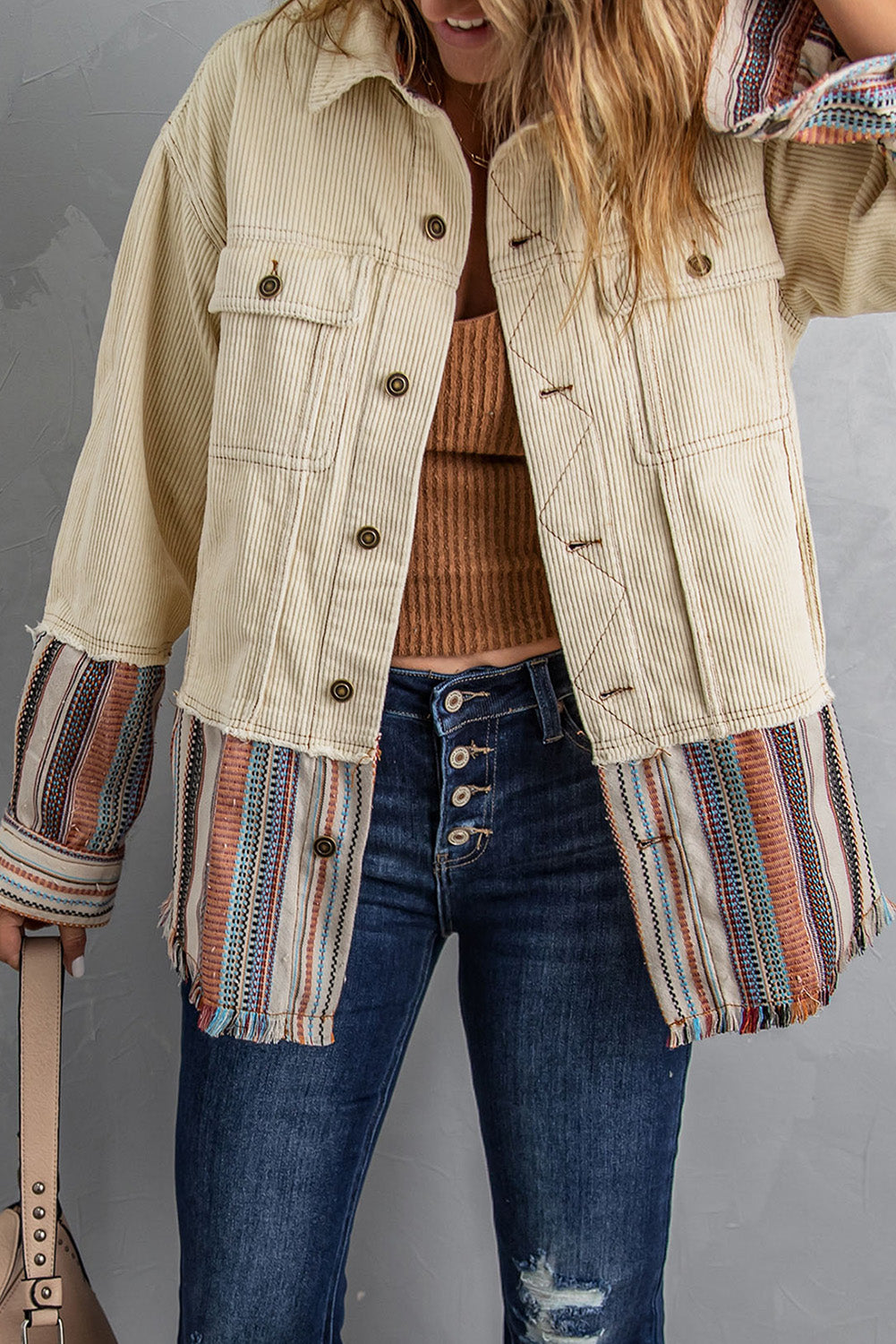 Button Up Pockets Striped Color Block Corduroy Jacket Jackets JT's Designer Fashion
