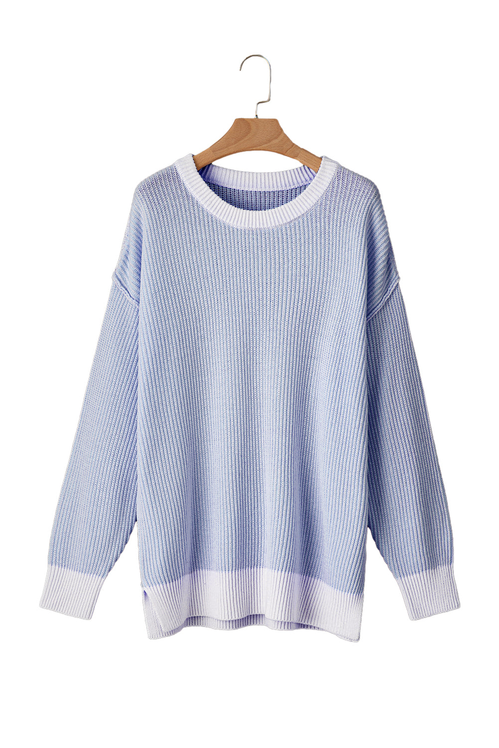 Blue Stripe Plus Size Contrast Trim Crew Neck Rib Knit Drop Shoulder Sweater Plus Size Sweaters & Cardigans JT's Designer Fashion