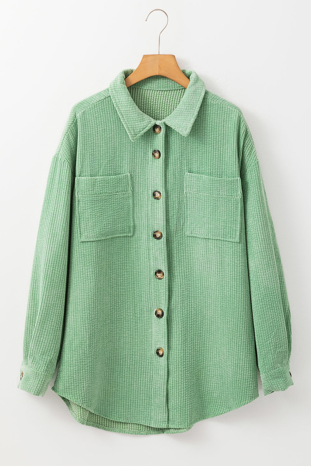 Mist Green Patched Pocket Button Up Corduroy Shacket Jackets JT's Designer Fashion
