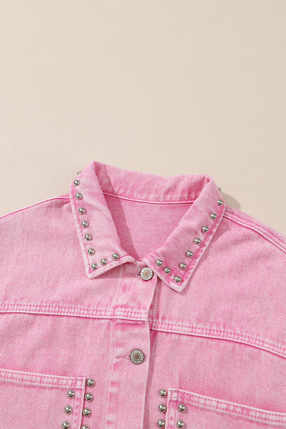 Pink Rivet Studded Pocketed Denim Jacket Denim Jackets JT's Designer Fashion