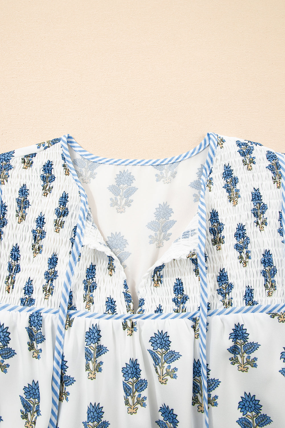 Sky Blue Floral Puff Sleeve Tied Neck Pocketed Mini Dress Floral Dresses JT's Designer Fashion