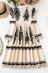 Beige Western Pattern Print Tasseled Notch V Neck Mini Dress Mini Dresses JT's Designer Fashion
