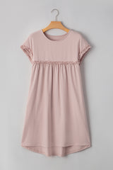 Oatmeal Frilled Trim Crew Neck Loose Fit Mini Dress Mini Dresses JT's Designer Fashion