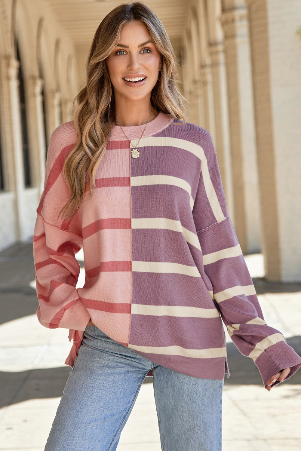 Pink Stripe Colorblock Oversized Sweater Sweaters JT's Designer Fashion