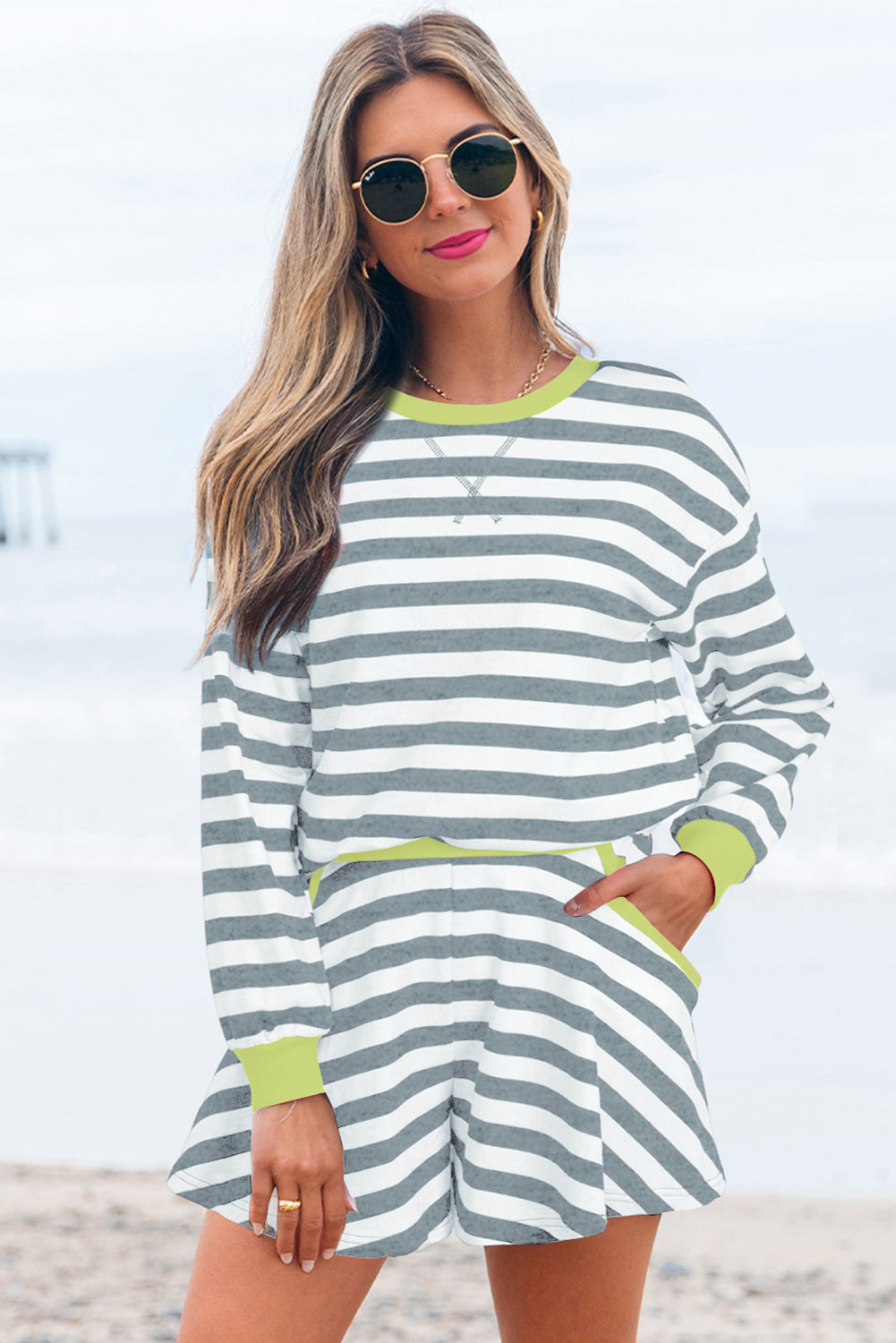 Gray Stripe Contrast Ribbed Banding Long Sleeve Blouse Loose Shorts Set Gray Stripe 95%Cotton+5%Elastane Short Sets JT's Designer Fashion