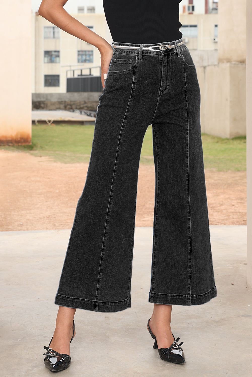 Black Plain Seam Detail Flared Bottom Ankle Length Jeans Jeans JT's Designer Fashion