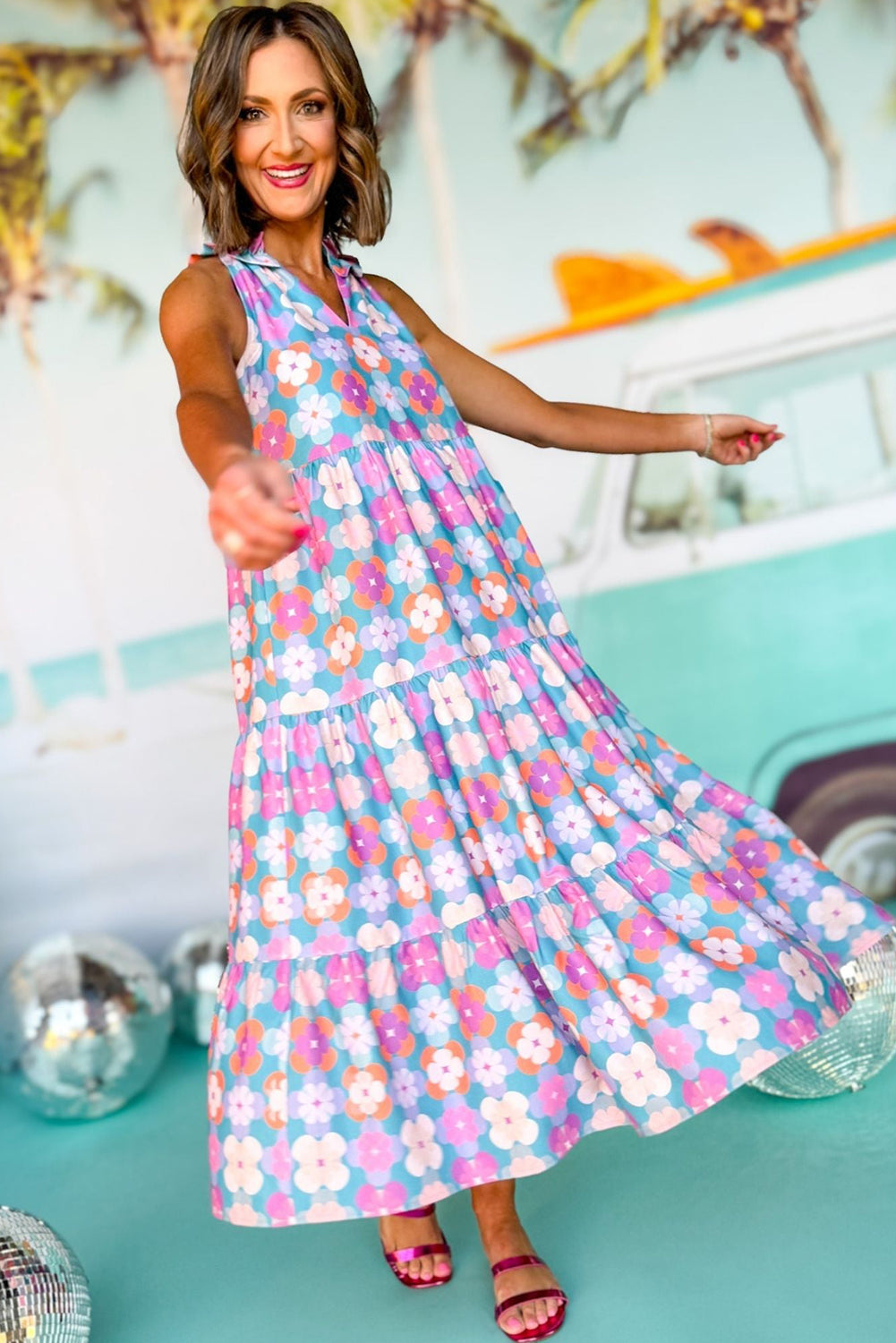 Sky Blue Frilly Split Neck Sleeveless Tiered Maxi Dress Dresses JT's Designer Fashion
