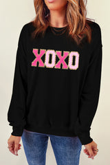 Black Chenille XOXO Patched Drop Shoulder Valentines Pullover Sweatshirt Graphic Sweatshirts JT's Designer Fashion