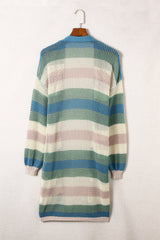 Green Striped Color Block Hollowed Knit Cardigan Sweaters & Cardigans JT's Designer Fashion