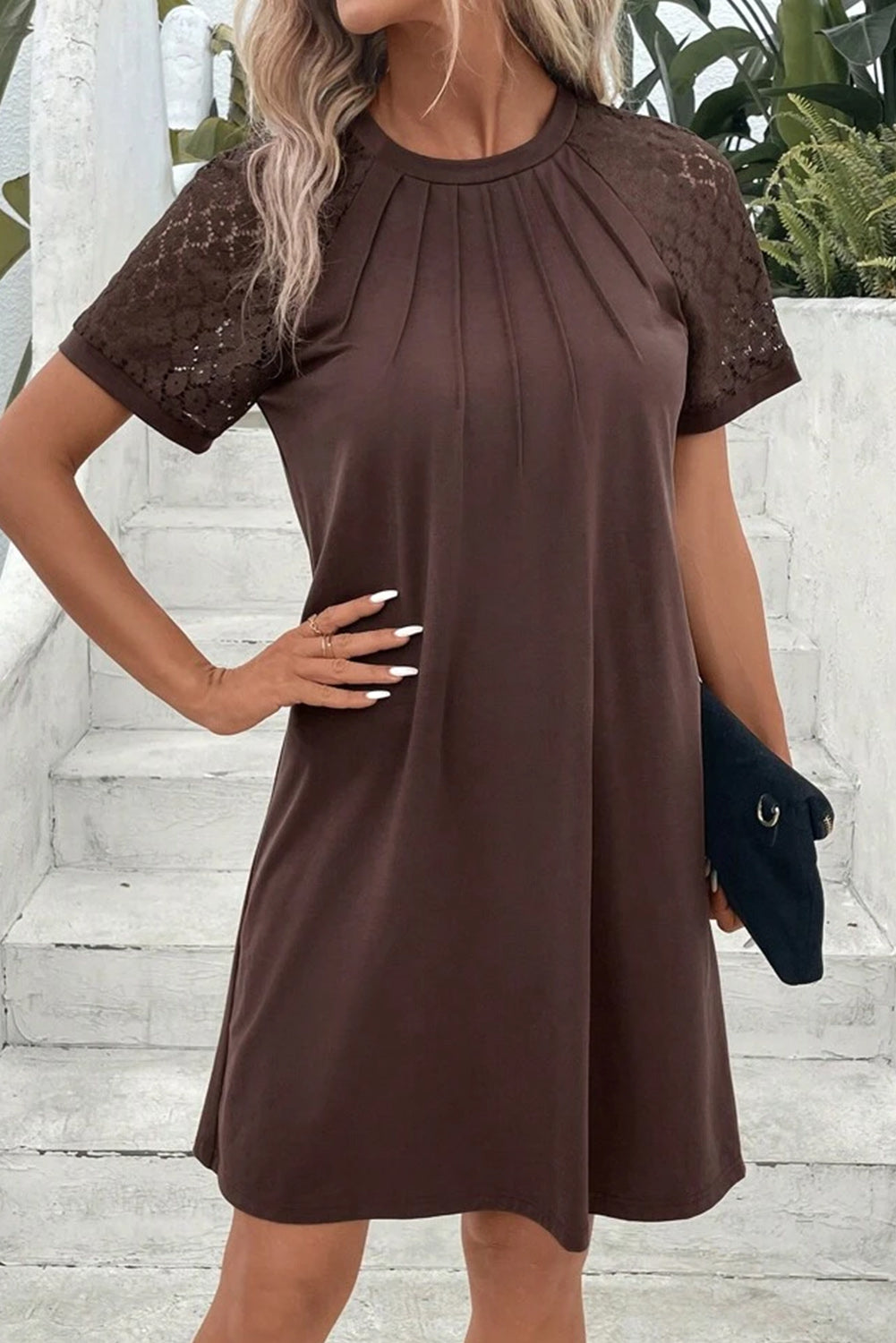 Dark Brown Contrast Lace Raglan Sleeve Pleated Detail Shift Dress T Shirt Dresses JT's Designer Fashion