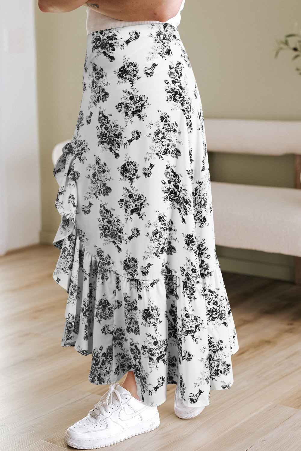 Black Boho Floral High Waist Ruffle Split Maxi Skirt Skirts & Petticoat JT's Designer Fashion