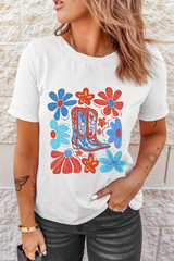 White Floral Cowgirl Boots Print Independence Day T Shirt Graphic Tees JT's Designer Fashion