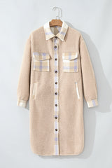Smoke Gray Plaid Patchwork Collared Button-up Sherpa Long Coat Coats JT's Designer Fashion