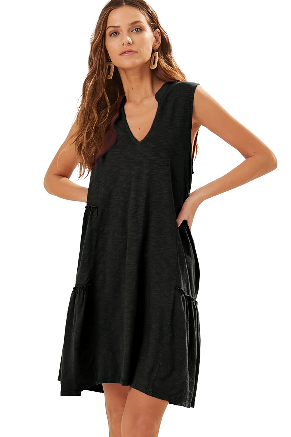 Black Split V Neck Tiered Flowy Sleeveless Dress Dresses JT's Designer Fashion