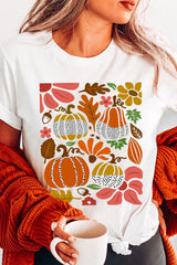 White Pumpkin Flower Print Fall Graphic Cotton Blend Tee Graphic Tees JT's Designer Fashion