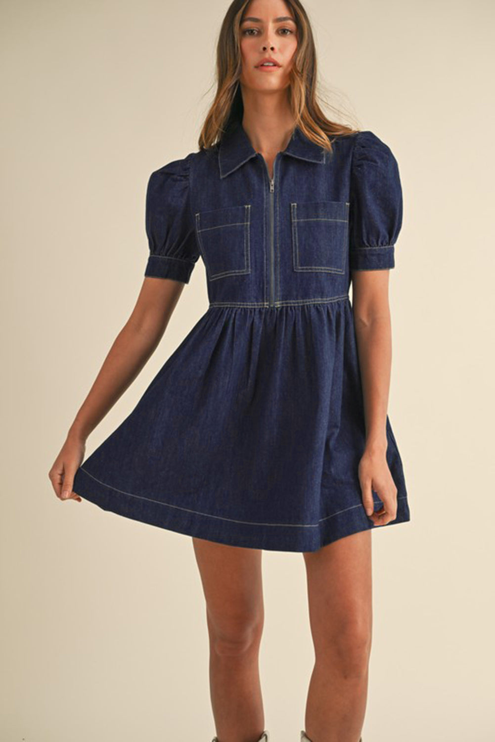 Dirty blue Zipped up Bodice Collared Short Puff Sleeve Denim Dress Mini Dresses JT's Designer Fashion