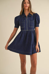Dirty blue Zipped up Bodice Collared Short Puff Sleeve Denim Dress Mini Dresses JT's Designer Fashion