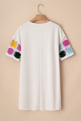 White Floral Crochet Splicing Sleeve T Shirt Dress T Shirt Dresses JT's Designer Fashion