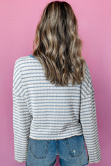 Sky Blue Stripe Textured Frilly Trim Buttons Henley Long Sleeve Top Long Sleeve Tops JT's Designer Fashion