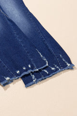 Sail Blue High Rise Dual Button Distressed Raw Hem Flared Jeans Jeans JT's Designer Fashion