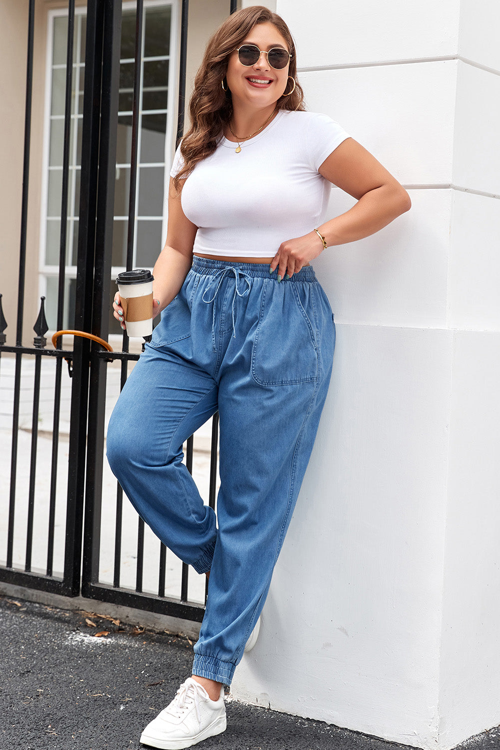 Dusk Blue Drawstring Waist Pocketed Plus Size Denim Joggers Plus Size Bottoms JT's Designer Fashion