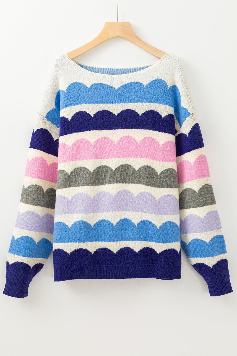 Dark Blue Wave Striped Balloon Sleeve Drop Shoulder Sweater Sweaters JT's Designer Fashion