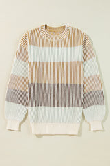 Brown Colorblock Textured Knit Bubble Sleeve Sweater Sweaters JT's Designer Fashion