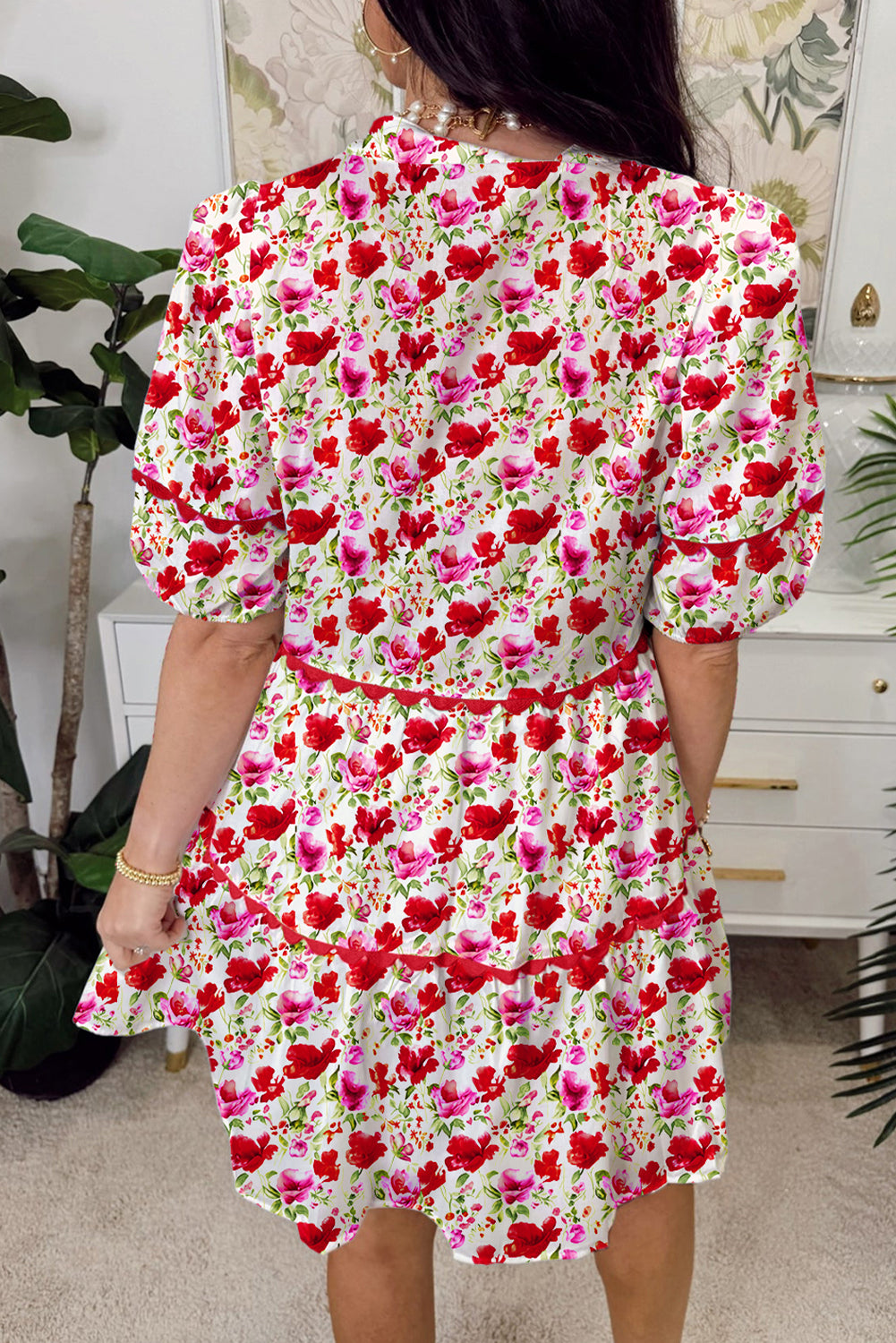 Red Floral Puff Sleeve Tiered Ric Rac Pocketed Mini Dress Floral Dresses JT's Designer Fashion